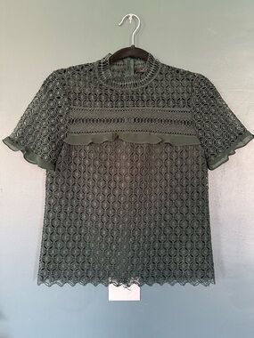 Zara Dark Green Lace Ruffle Mock Neck Blouse